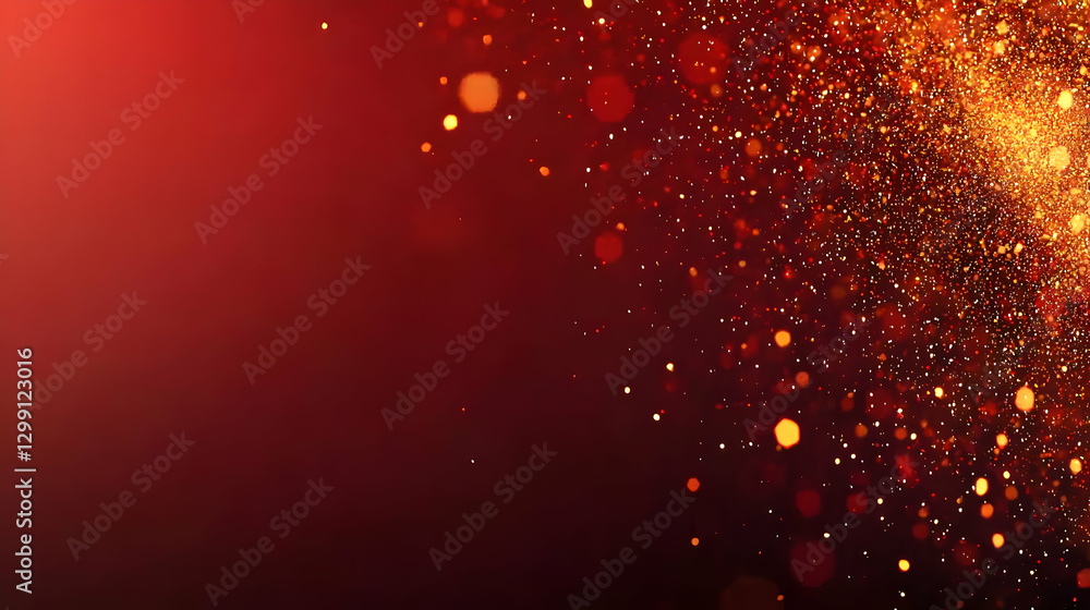 Poster Abstract Red Background with Glittering Gold Bokeh Effect and Glowing Particle Overlay