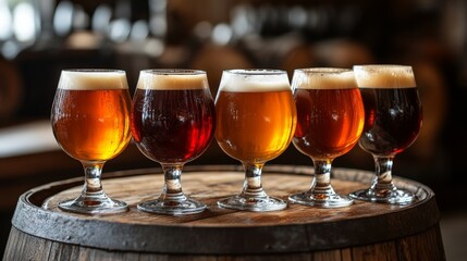 Tasting five varieties of craft beer displayed in elegant glasses on a wooden barrel in a brewery environment