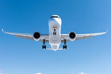 Airplane flying against a clear blue sky captured from below, showcasing its design and engineering