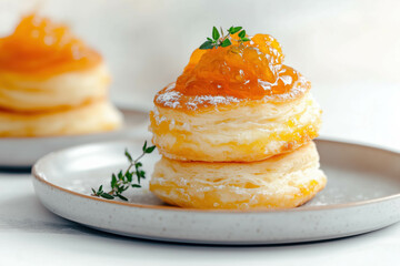 Flaky pastry stack with apricot jam and thyme garnish on plate