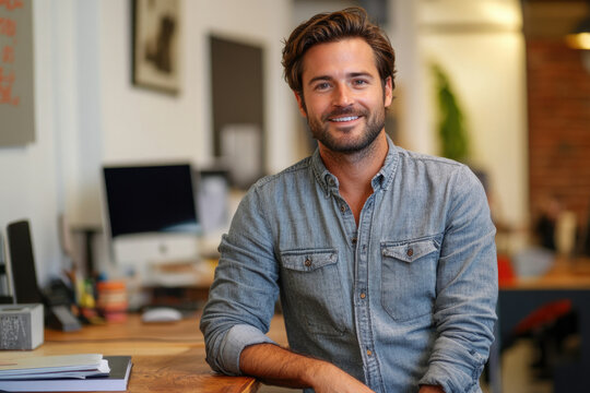 A smiling man in a denim shirt sits in a modern office setting.