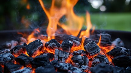 Charcoal burning brightly in a grill during a summer gathering in the backyard at sunset