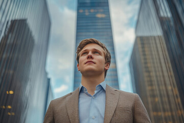 Fototapeta premium Young businessman looks up towards skyscrapers, visualizing success and ambition in a modern city.