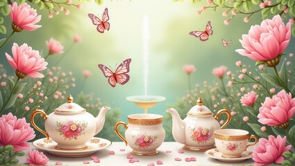 A peaceful scene with a delicate tea set surrounded by blooming flowers and butterflies, creating a serene and elegant atmosphere with a fountain in the background. Generative, AI,