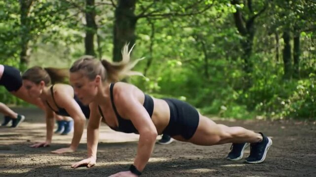 Strong athletes doing burpees workout glade. Women having cardio core exercise