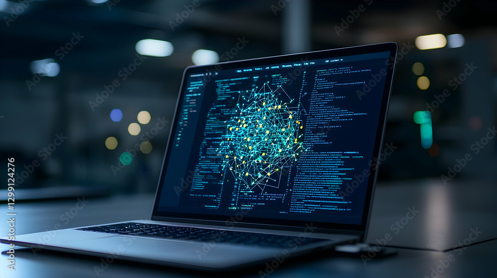 Poster laptop displaying data visualization in dark blue lighting on a desk