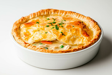Golden flaky chicken pot pie with vegetables in white dish