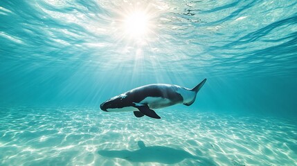 Rare Vaquita swimming through crystal clear ocean waters its sleek body gliding effortlessly sunlight filtering through the waves creating a magical glow around it