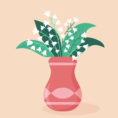 Lily of valley bright summer blooming flowers in vase cartoon vector illustration