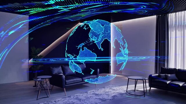 Futuristic video concept with a digital globe in a modern room. Wide-angle shot captures holographic data streams swirling around the space.