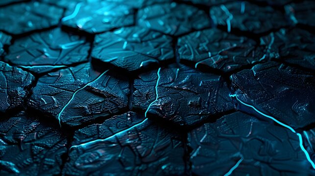 Futuristic hexagonal grid with glowing blue cracks, cyberpunk sci-fi digital surface with high-tech abstract technology patterns
