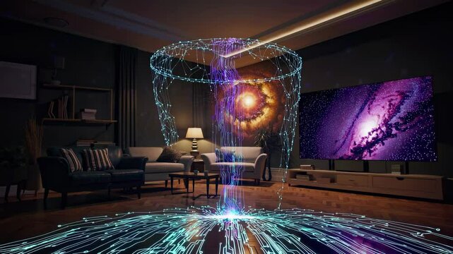 Futuristic living room with a holographic jellyfish projection. Wide-angle shot captures digital art style, resembling a sci-fi video scene.