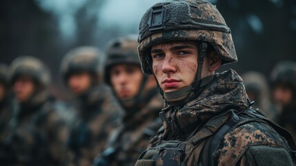 Obraz premium Young soldier stands at attention during training outdoors in a military exercise setting