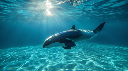 Rare Vaquita swimming through crystal clear ocean waters its sleek body gliding effortlessly sunlight filtering through the waves creating a magical glow around it