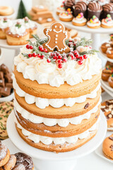 Festive gingerbread cake with white frosting and berries - christmas dessert display