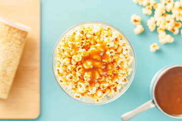 Caramel popcorn in bowl with ingredients on blue background