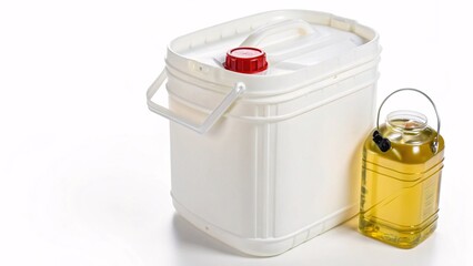White Rectangular Container with Red Cap and Transparent Container with Yellow Liquid
