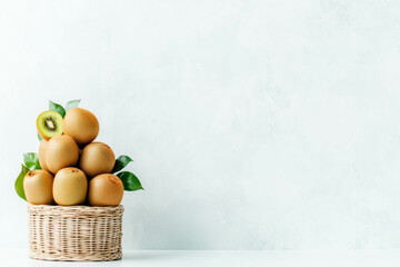 Fresh ripe kiwifruits in wicker basket with leaves on light background