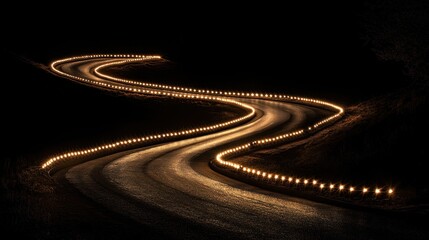 Fototapeta premium Winding road at night, lit by warm lights, dark hills in background. Possible use Travel poster