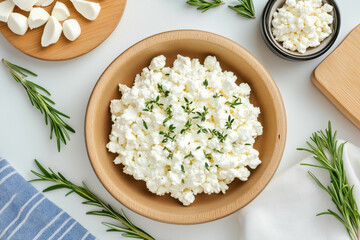 Fresh cottage cheese in wooden bowl with rosemary garnish and fabric napkin on table