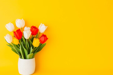 Colorful tulip bouquet in white vase against vibrant yellow background