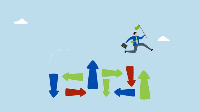 Overcome uncertainty, 4k animation of entrepreneur leaping towards unpredictability with arrows pointing in various directions. 