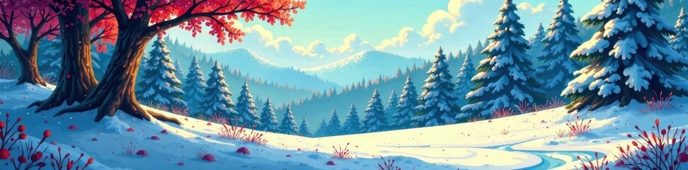 Fototapeta premium Winter woodland scene with colorful pixel art trees, green, winter