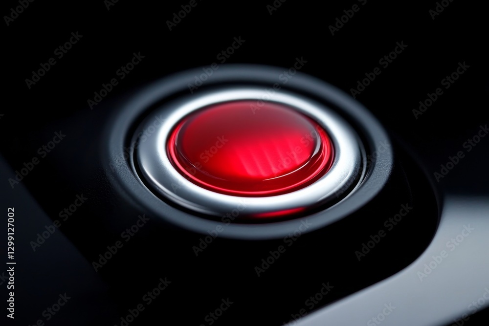 Poster bright red button illuminated against a dark background showcasing modern technology and design