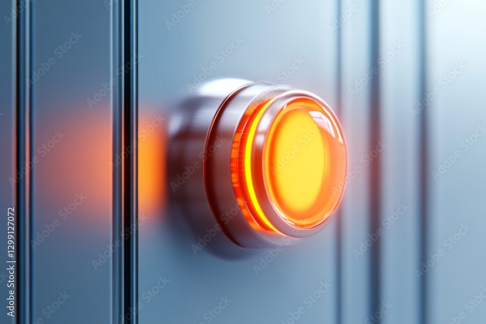 Poster bright orange button on a metallic surface with a subdued glow in a modern setting