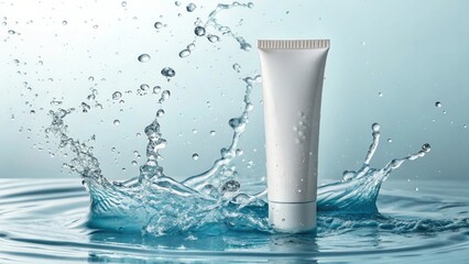 A blank cosmetic tube mockup standing upright in a dynamic water splash, with droplets frozen in mid-air
