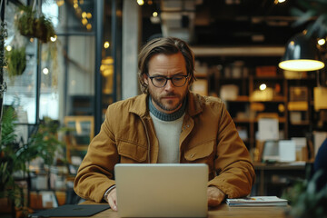 Fototapeta premium A man with glasses is using a laptop in a coffee shop, engrossed in his work.