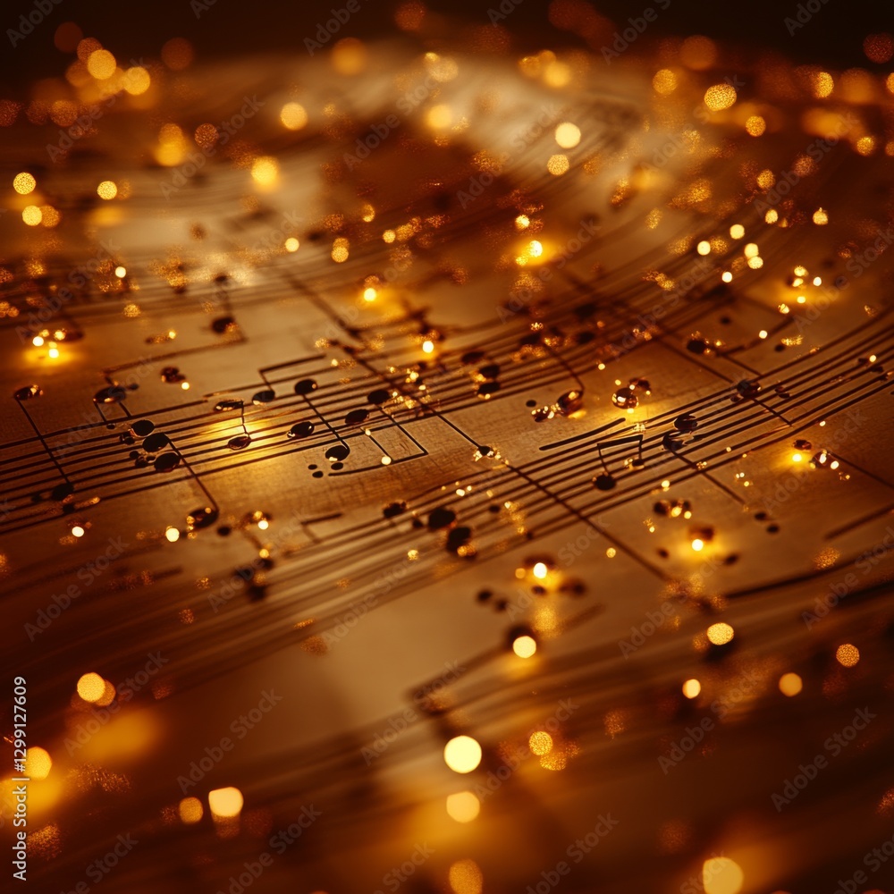 Poster Inspiring details of shimmering music notes with golden lights in an abstract setting