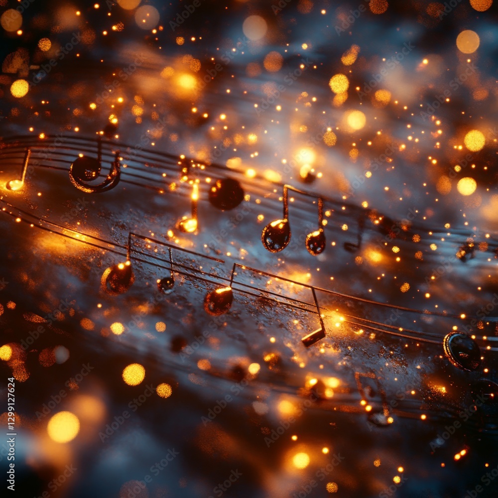 Poster vibrant musical notes swirling through a backdrop of luminous sparks and soft lights in a dreamy set