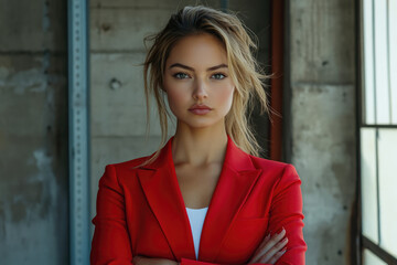 Fototapeta premium A young woman with blonde hair, wearing a red blazer, poses confidently with her arms crossed.