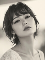 Japanese woman, cute face, natural makeup, short hair with bangs, simple earrings, soft focus on background, natural expression, portrait photography style