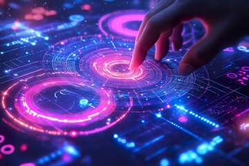 Obraz premium Finger Interacting With Futuristic Holographic Interface