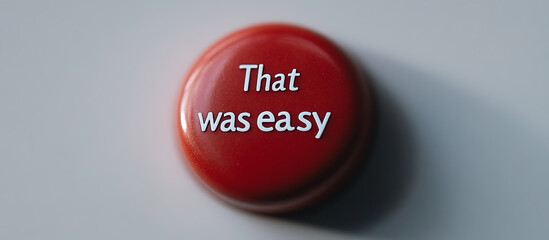 A bright red button with white text reads, "That was easy." The round object sits on a neutral surface, casting a soft shadow.