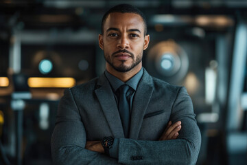 Obraz premium A confident businessman in a grey suit stands with arms crossed, showcasing professionalism and determination.