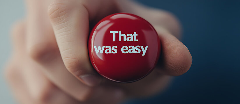 Easy Button Press: A close-up shot shows a hand pushing a red button labeled "That was easy," suggesting a sense of simplicity, relief, and successful completion.