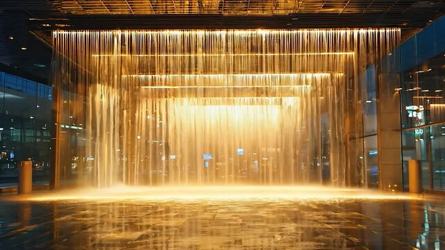 Illuminated Waterfall Display in Modern Urban Setting with Reflections and Night Sky