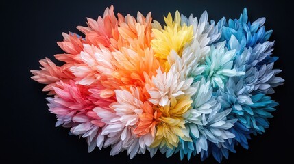 Fototapeta premium Vibrant rainbow gradient flower arrangement composed of colorful chrysanthemums against a dark black background.