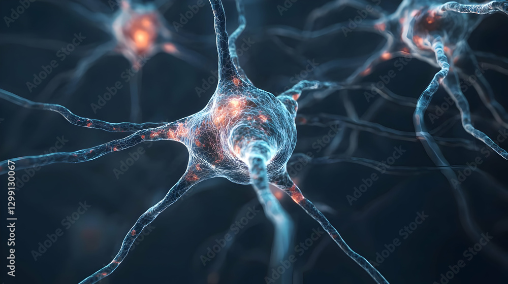 Aufkleber abstract depiction of a neuron cell with interconnected branches and glowing illumination on a dark 