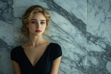 Fototapeta premium A young woman with blonde hair and light makeup, wearing a black dress, poses against a marble wall.