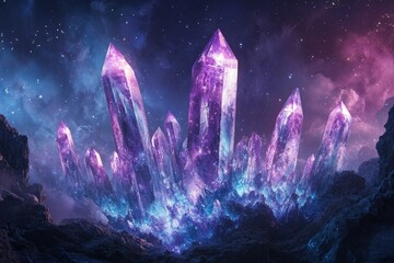 an alien planet covered in giant crystals, illuminating shades of purples and blues with starlight glinting off sharp facets