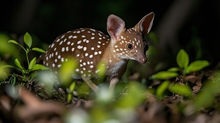 Obraz premium Rare Quoll moving stealthily through the dense forest its spotted fur blending into the undergrowth eyes sharp and alert in the moonlit night