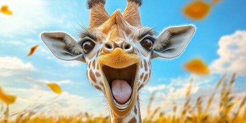 A cheerful giraffe displaying a joyful expression in the wild.
