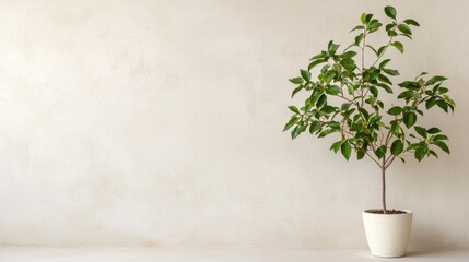 Indoor plant in pot against beige wall. Home decor, website banner