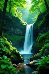 Lush green forest surroundings of Cyfyng falls, greenery, foliage