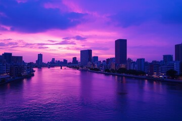 Fototapeta premium Stunning purple sunset casting reflections on the water, enhancing the beauty of a city skyline.