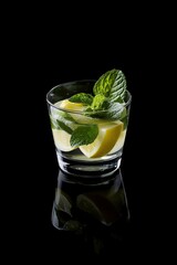 Refreshing Lemon and Mint Cocktail in a Clear Glass Against a Dark Background with Ice Cubes and Citrus Slices, Showing Vibrant Colors and Delicious Ingredients, Highlighted in Elegant Style. A